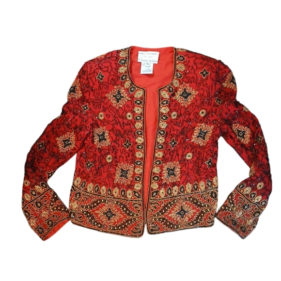 Pappel Boutique Red and Gold Ornate Cropped Blazer Size Medium - Picture 8 of 8